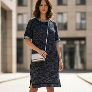 Madewell Knit T-Shirt Dress Navy Marled Cotton Side Slit Casual Size S